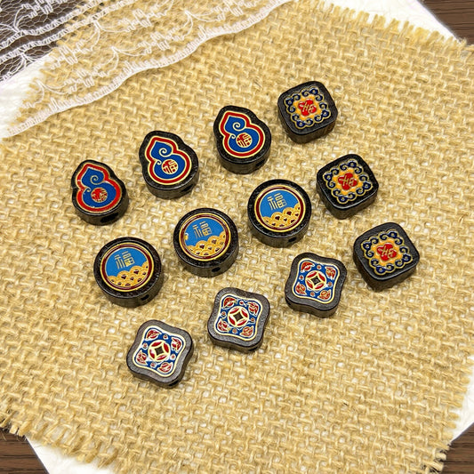 [A128]   Ebony Colour Enamels Natural Wooden Beads